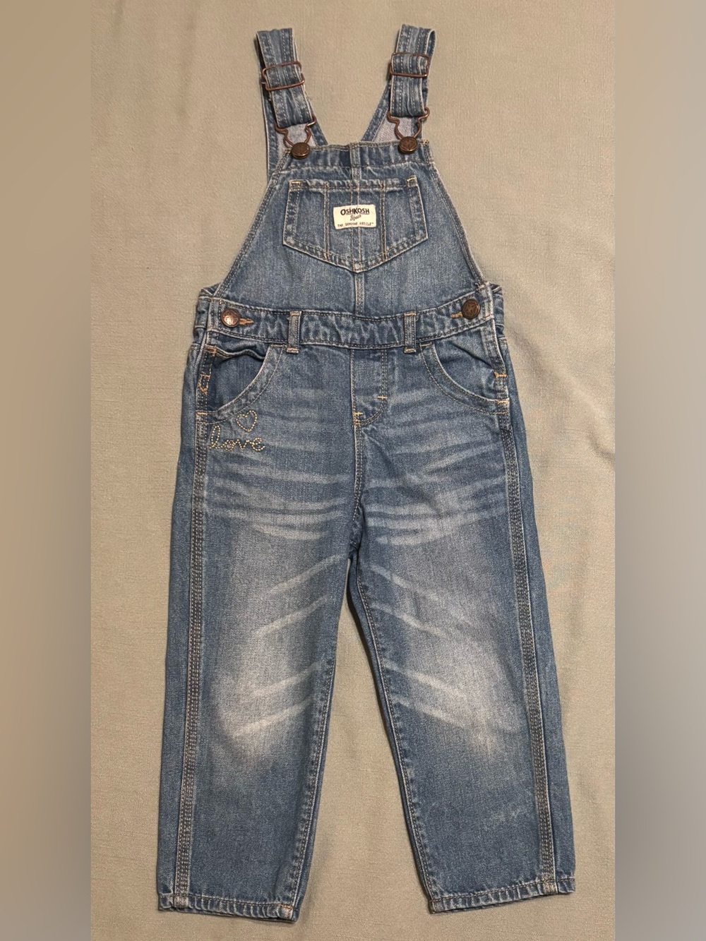 Vintage OshKosh B'gosh Denim Kids Overalls with Heart & “Love” Embroidery
